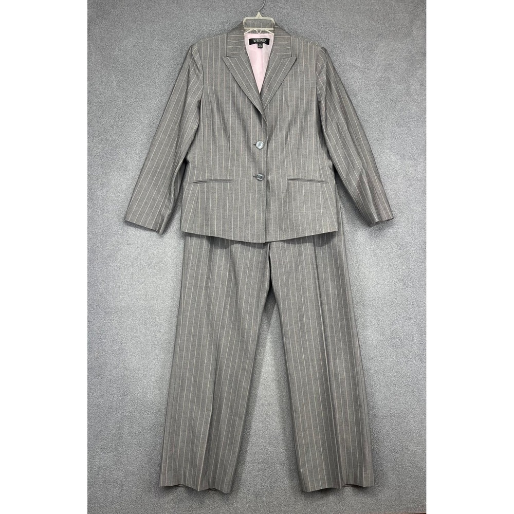 Kasper Pant Suit Womens 16 Grey Pinstripe 2-Button Blazer Wide Leg Professional